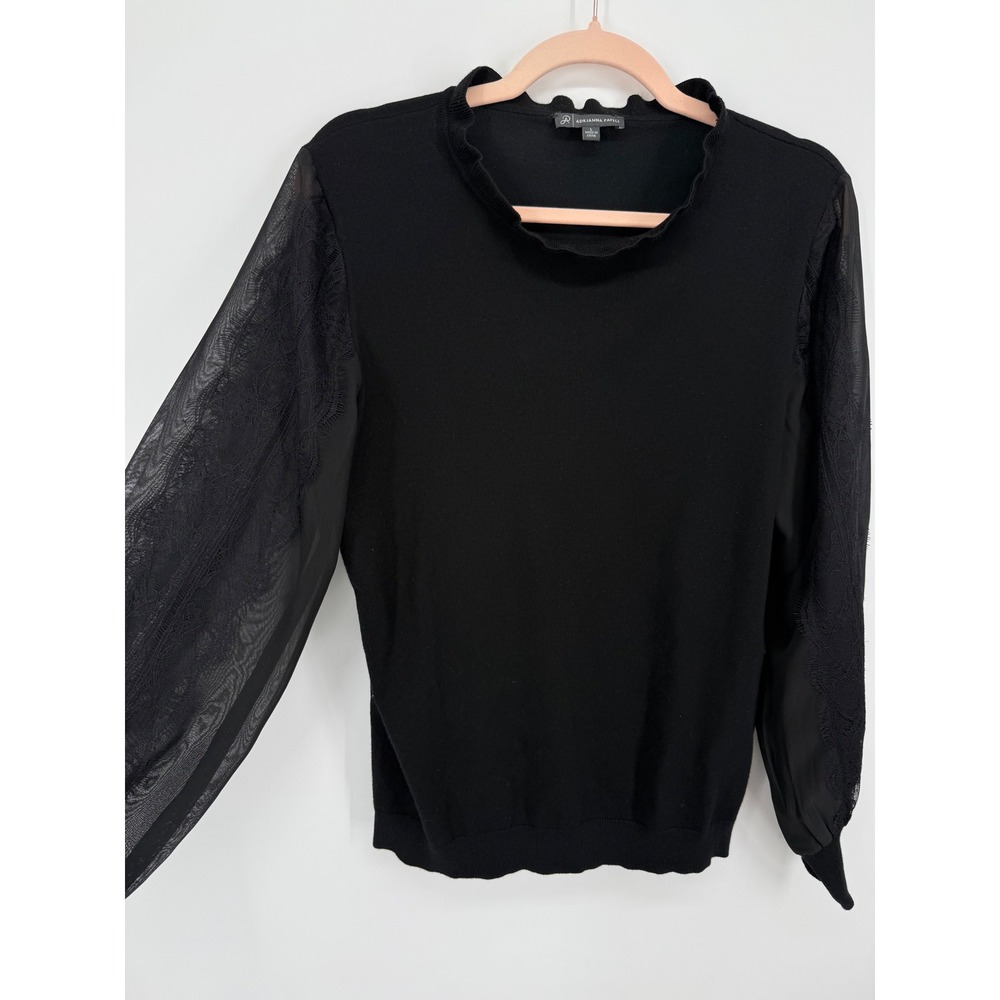 Adrianna Papell Knit Top Women Large Black Lace Sheer Mesh Sleeve‎ Scallop Neck